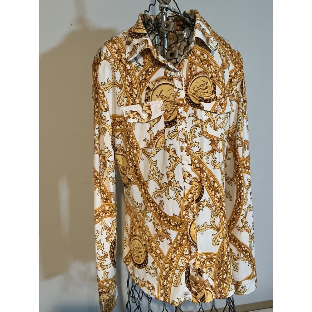 Fashion Nova Baroque Coin Print Button Down Shirt‎ Gold White Womens Large